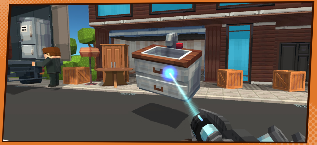 Simple Sandbox 3 - Pixel Craft - Jugador usando una pistola de física para levantar muebles en Simple Sandbox 3