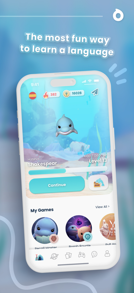 Fluyo - Fun Language Lessons - Fluyo app interface showing a cute dolphin mascot and gamified language learning progress.