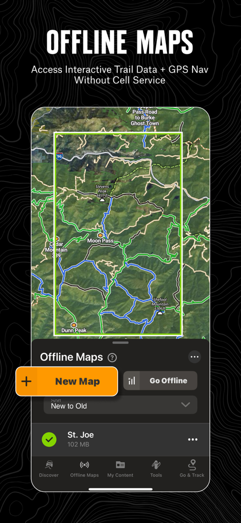 onX Offroad: Trail Maps & GPS - Interfaccia dell'app onX Offroad che mostra mappe interattive dei sentieri e navigazione GPS disponibile senza servizio cellulare.