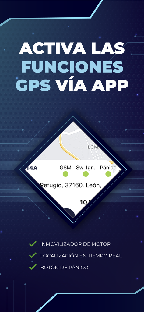Interfaz de la aplicación Ubicalo destacando funciones GPS, incluido el inmovilizador de motor y el rastreo en tiempo real