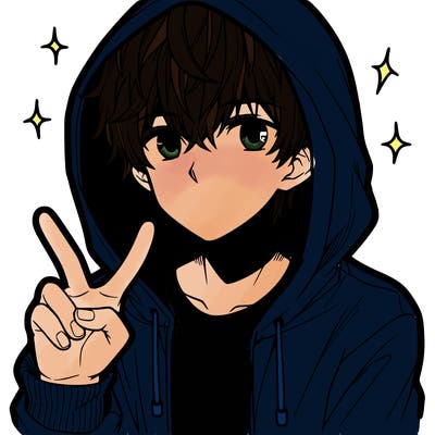 teenage manga boy in a hoodie, doing ✌