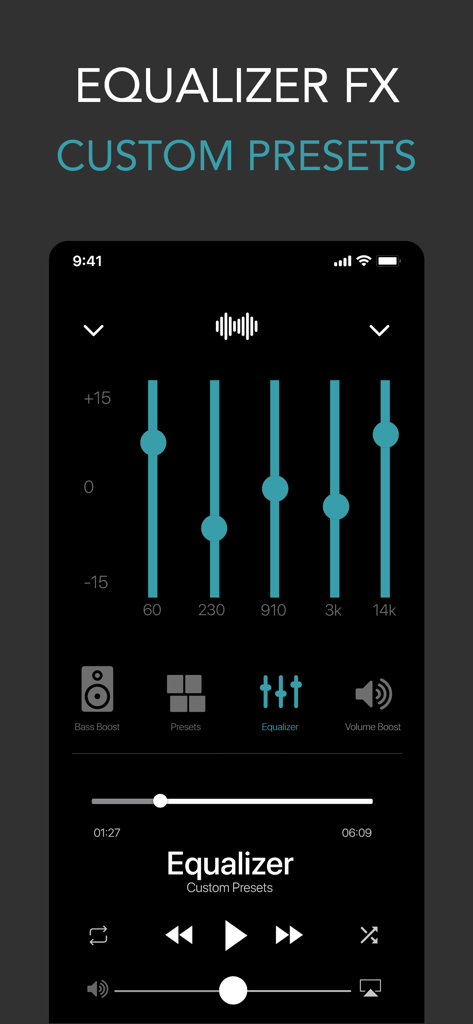 Interface of the app showing manual five-band equalizer sliders and custom audio presets.