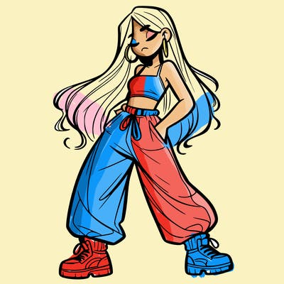 girl in baggy pants crop top and long hair