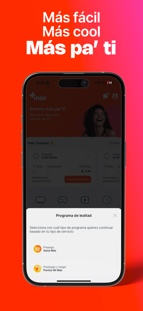 Mi Mas - Loyalty program selection screen in the Mi Mas mobile app showing prepaid and postpaid options