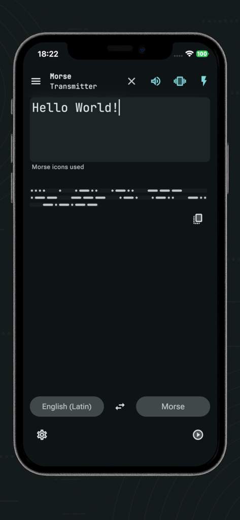Morse Code Communicator - Interface of Morse Code Communicator app translating English text into Morse code dots and dashes