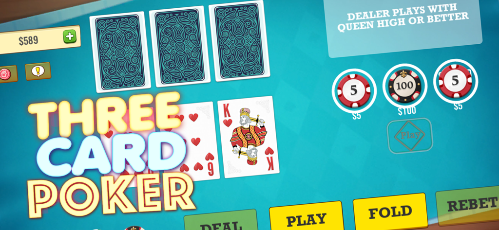 Gameplay-Bildschirm von Three Card Poker Mania mit einem digitalen Pokertisch mit Karten und Chips