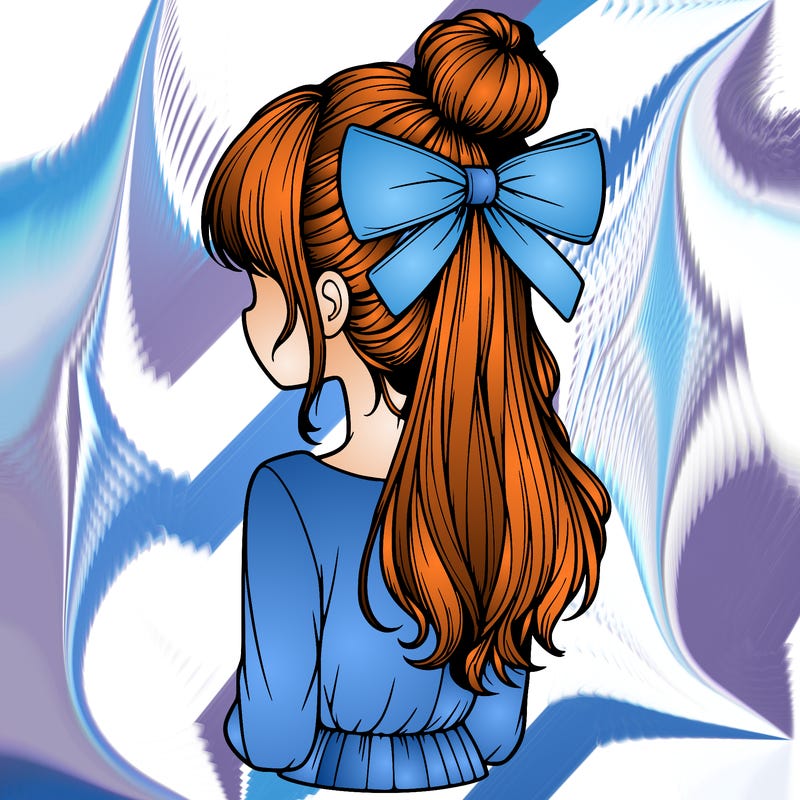 realistic girl  with hip length hair a bun and a big bow on the back of head