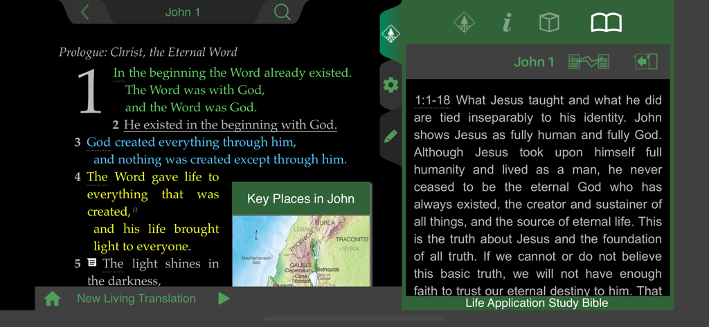 Life Application Study Bible app interface showing scripture highlighting and study notes in landscape mode