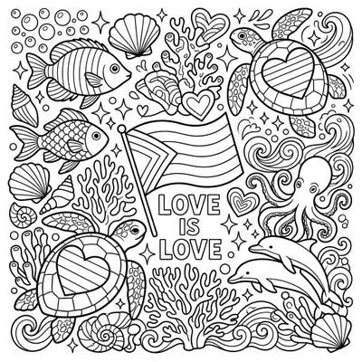 Dive into a vibrant celebration of love and diversity with this stunning marine life coloring page. Featuring friendly sea creatures and the powerful 'Love is Love' message, it's perfect for Pride Month.