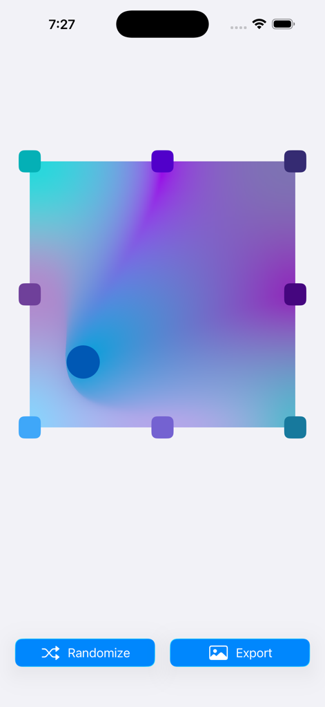 Mobile app screen for creating custom mesh gradients with colorful nodes and export buttons