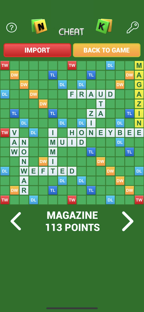 Interface do aplicativo solucionador de jogos de palavras mostrando a palavra MAGAZINE por 113 pontos em um tabuleiro de jogo