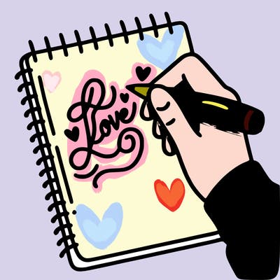 a hand writing “love” in calligraphy on a notebook