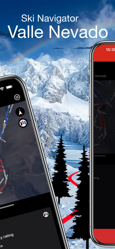Valle Nevado Ski - Valle Nevado Ski Navigator app interface on smartphones showing digital trail maps and a snowy mountain landscape