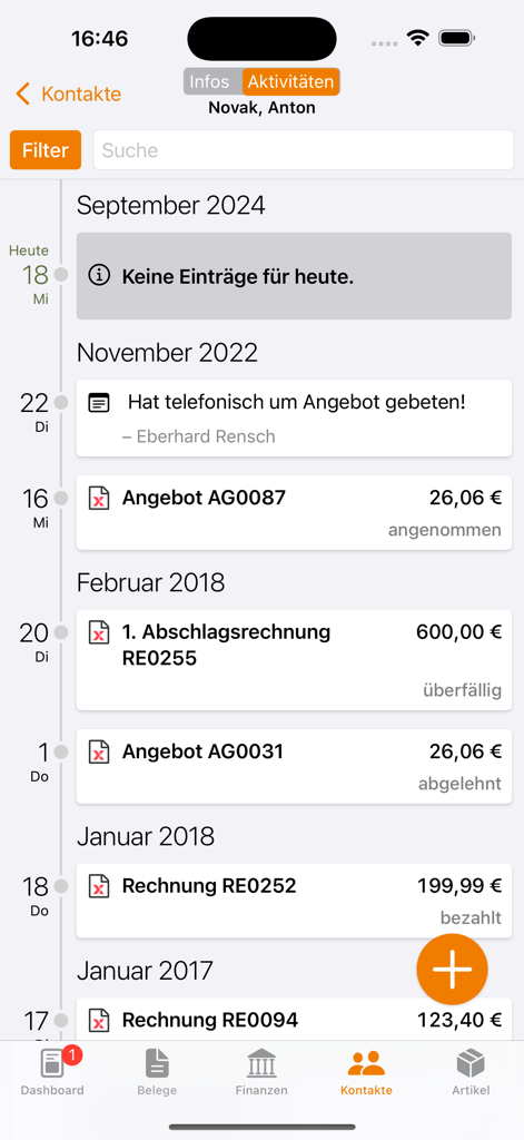 Eine Zeitleistenansicht von Geschäftsaktivitäten, Rechnungen und Angeboten für einen Kontakt in der Lexware Mobile App.