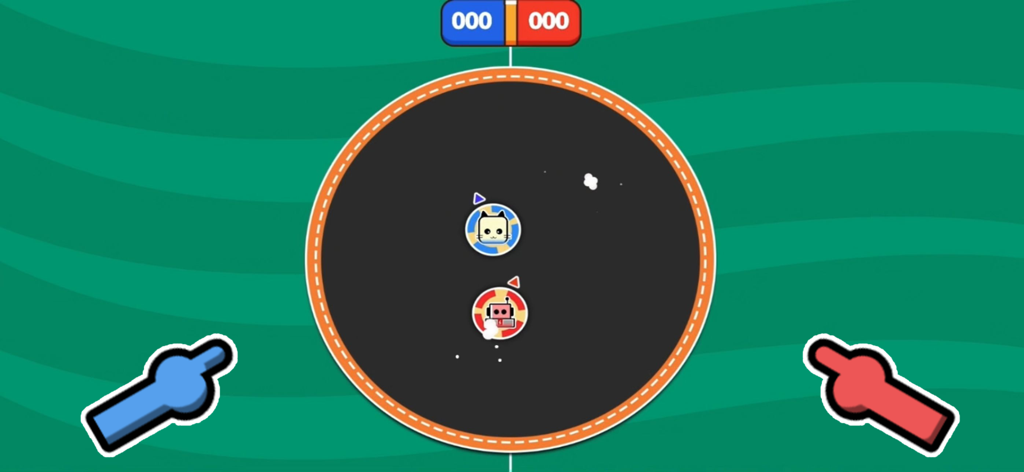 PKKP:2 Player Party Game - Minijuego para dos jugadores en PKKP que muestra un gato y un robot luchando en una arena circular con contadores de puntuación e indicadores táctiles.