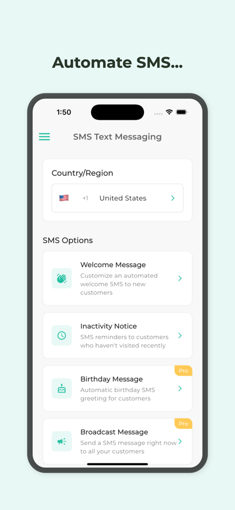 Snap Loyalty mobile App-Oberfläche, die automatisierte SMS-Marketingoptionen für Geschäftsinhaber wie Willkommens- und Geburtstagsnachrichten zeigt