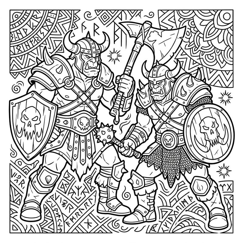 Embark on an epic fantasy adventure with this captivating coloring page featuring two formidable orc warriors. Every detail, from their heavy armor to their fearsome weapons, invites you to bring this powerful scene to life.