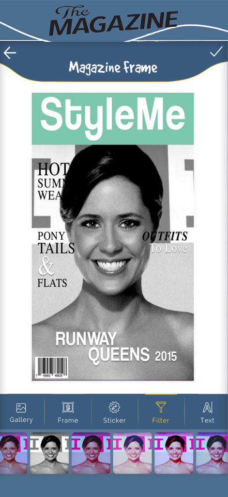 Magazine Cover - Frame Studio - Magazin-Cover-Editor, der eine StyleMe-Modevorlage mit Filteroptionen zeigt