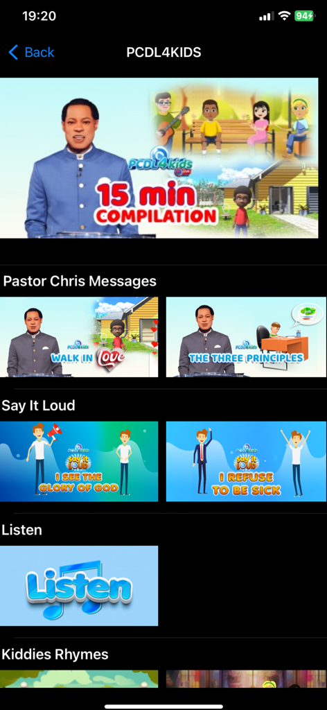 Pastor Chris Digital Library - Interface of the PCDL4KIDS section in the Pastor Chris Digital Library app showing video categories for children including sermons and rhymes