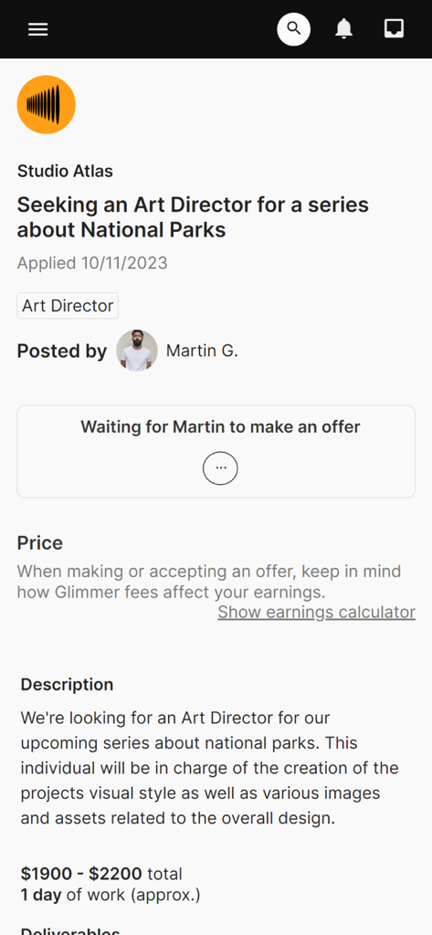 Glimmer.io - Glimmer.io app screen showing a job posting for an Art Director for a National Parks series.