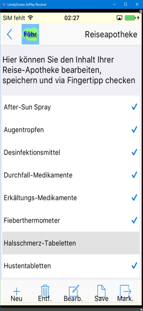 Travel pharmacy checklist feature in the Foehr App showing medical items for vacation
