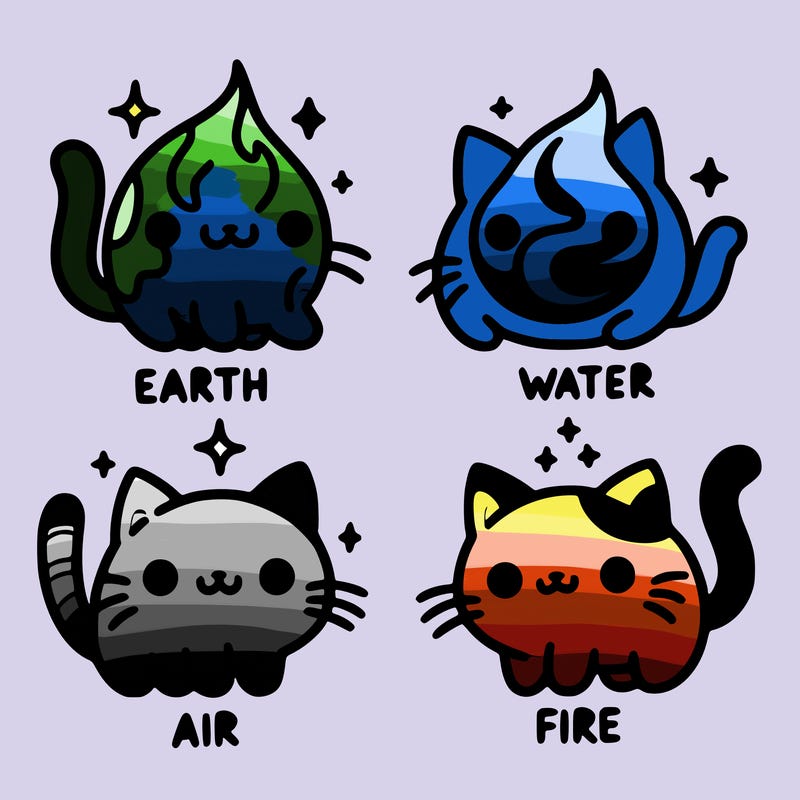 4 cats that represent the different elements, earth, water, air, and fire