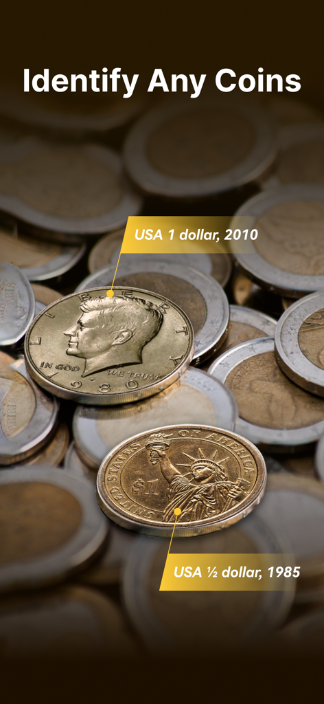 Mobile app screen showing the identification of a US dollar and half dollar coin among a pile of coins