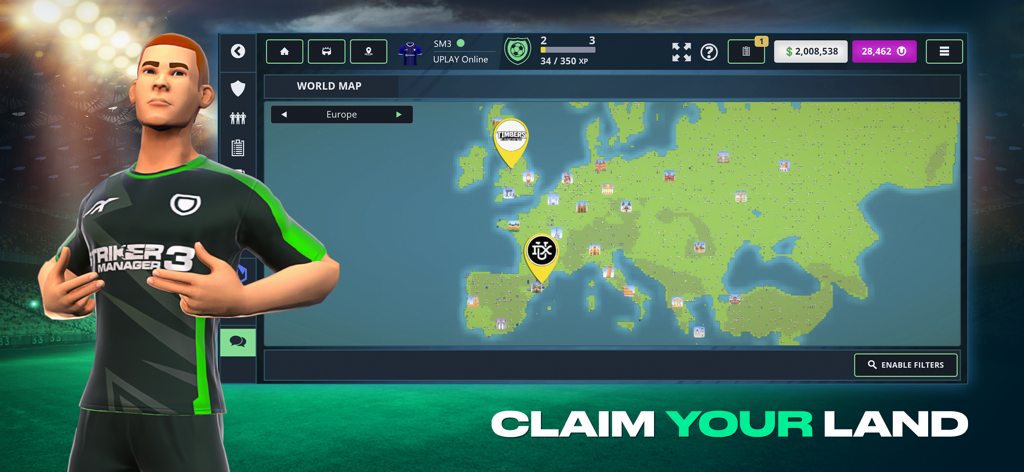 Striker Manager 3 - A soccer player standing next to a world map showing land plots to claim in Striker Manager 3