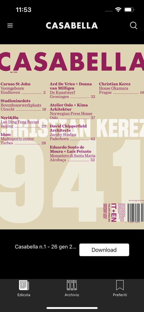 Casabella - Interfaccia dell'app della rivista di architettura Casabella che mostra la copertina di un numero con elenchi di progetti e un pulsante di download