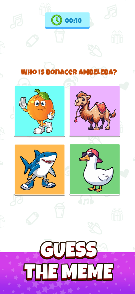 Una pantalla de juego móvil de Brainrot Mini Challenge mostrando un concurso Adivina el Meme con cuatro personajes de dibujos animados y un temporizador.