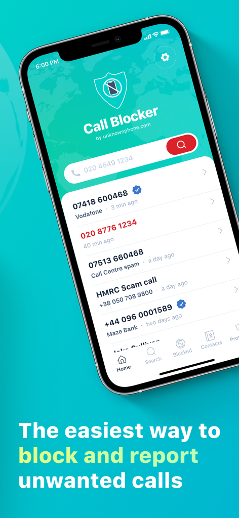 Call Blocker - Pantalla de iPhone que muestra la aplicación Call Blocker con una lista de llamadas comerciales y estafas identificadas.