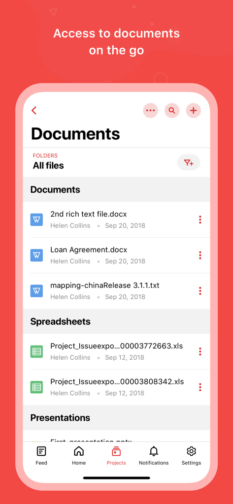 Oberfläche der Zoho Projects App, die den Dokumentenverwaltungsbildschirm mit einer Liste von Dateien, Tabellenkalkulationen und Präsentationen anzeigt