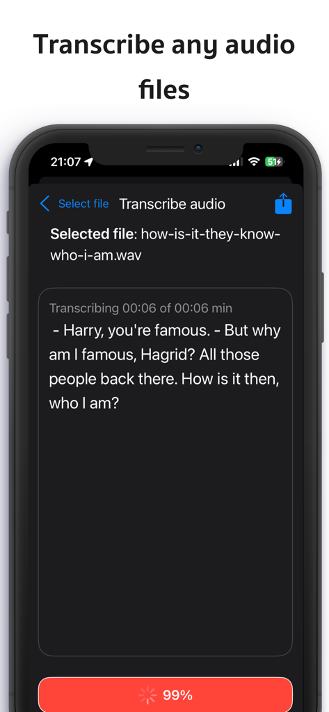 Live Transcribe: Transcrybr - A mobile screen showing the Transcrybr app transcribing a wav audio file into text with a progress indicator