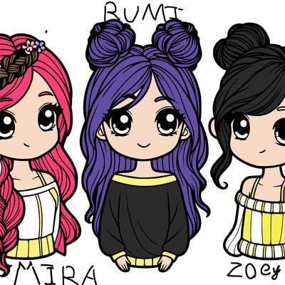 three girls one with long hair in a plait, one with her hair out and one with 2 buns