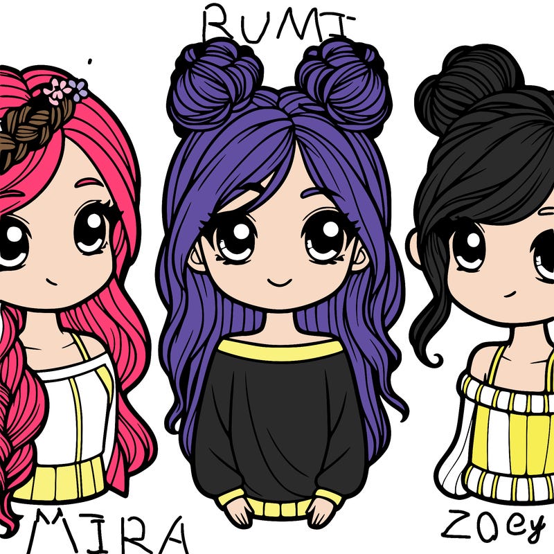 three girls one with long hair in a plait, one with her hair out and one with 2 buns