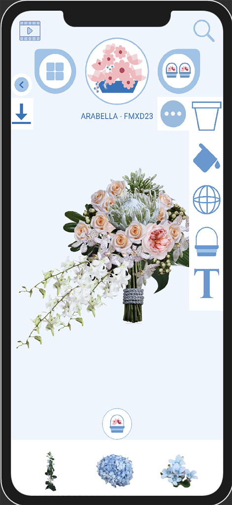 Flower Architect - Digital floral arrangement of roses and orchids in the Flower Architect app interface