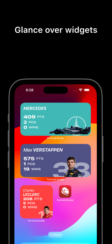 Formula Buddy - A collection of Formula 1 team and driver standings widgets on an iPhone home screen