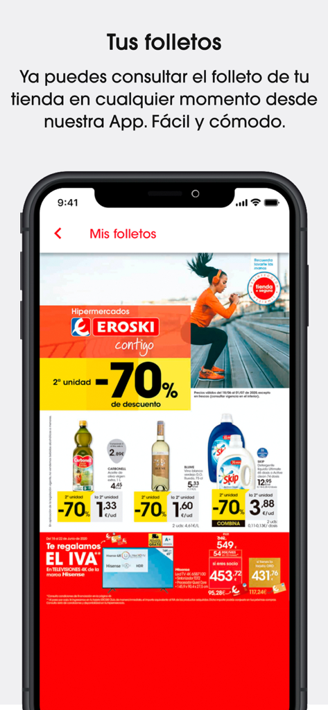Captura de ecrã da aplicação Eroski mostrando ofertas semanais de mercearia e folhetos digitais