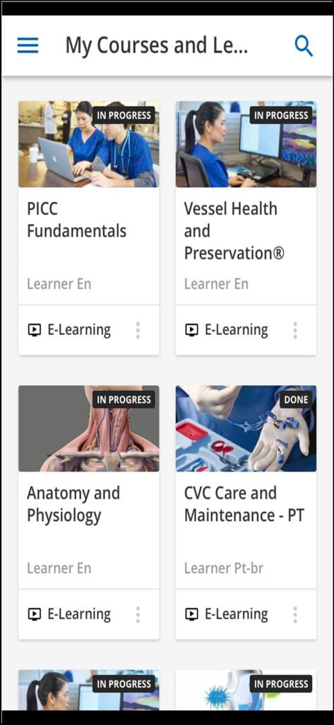 Dashboard of clinical training courses in the Teleflex Academy app showing modules for PICC fundamentals and anatomy.