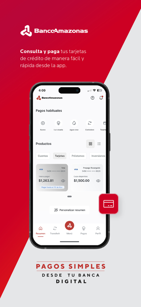 Banco Amazonas S.A. - Interfaz de la aplicación móvil Banco Amazonas mostrando saldos de tarjetas de crédito y opciones de pago de facturas en español.
