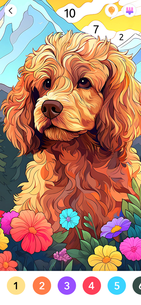 Color by number game interface featuring a fluffy dog and flowers