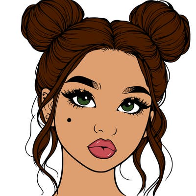 realistic girl with two buns on her hair and lips