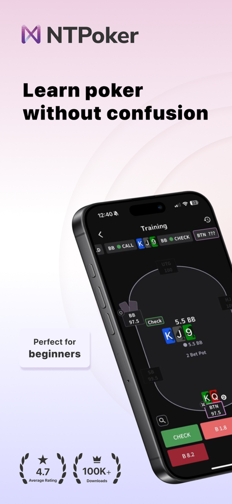 Interface de l'application NTPoker montrant une session d'entraînement de poker pour débutants