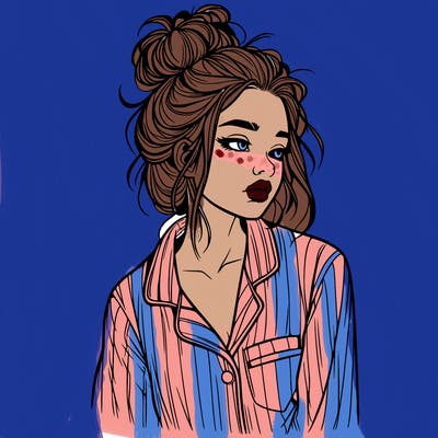 realistic woman with pajamas on and a messy bun