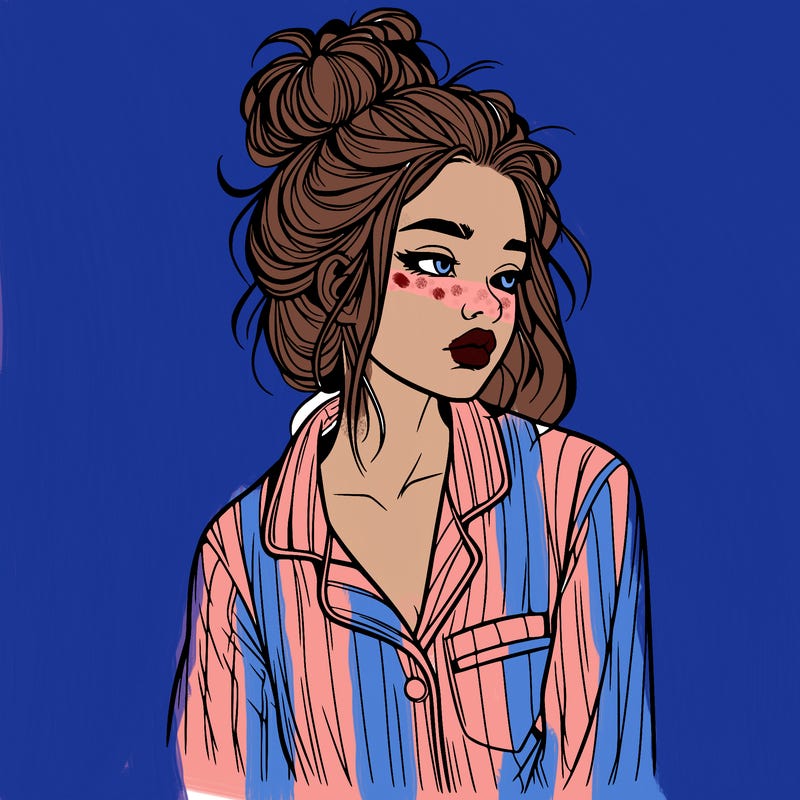 realistic woman with pajamas on and a messy bun