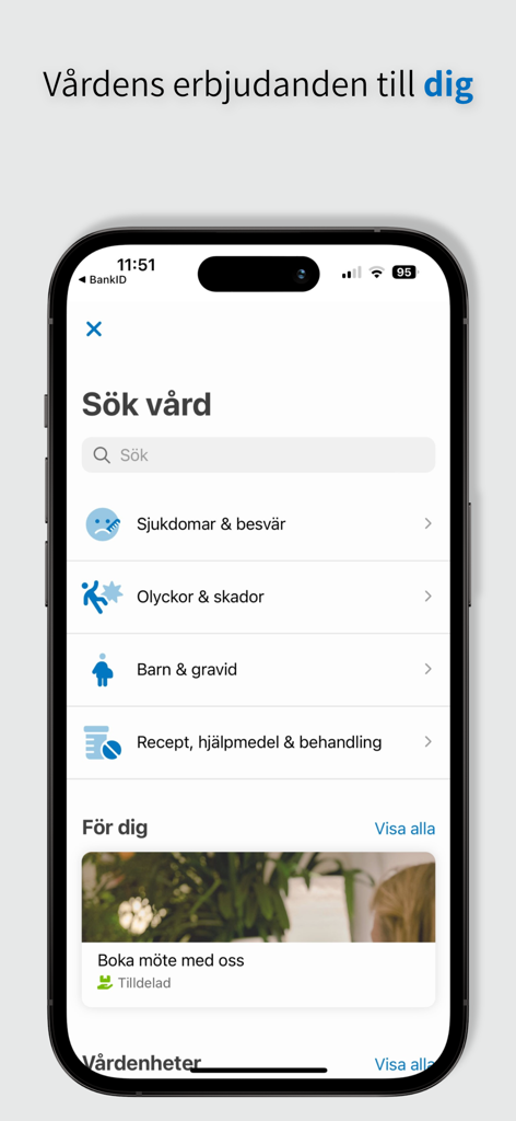 Alltid öppet - Search interface of the Alltid oppet app showing healthcare categories like illnesses and pregnancy.