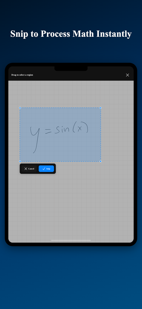 MathNotes: AI Notes for STEM - A screenshot of the MathNotes app showing a snip tool selecting a handwritten math equation for instant processing on a digital grid notebook.