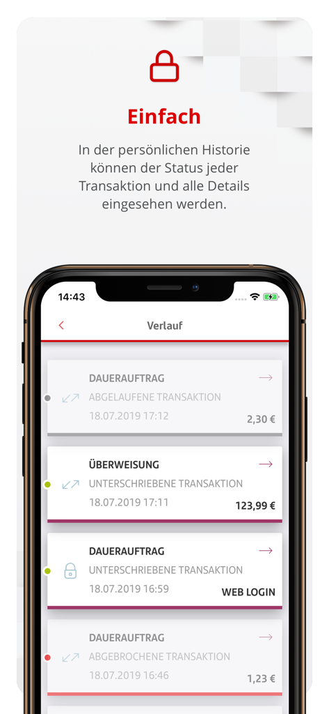 SantanderSign - Interfaz de la aplicación SantanderSign que muestra un registro del historial de transacciones y detalles de estado en una pantalla de smartphone.