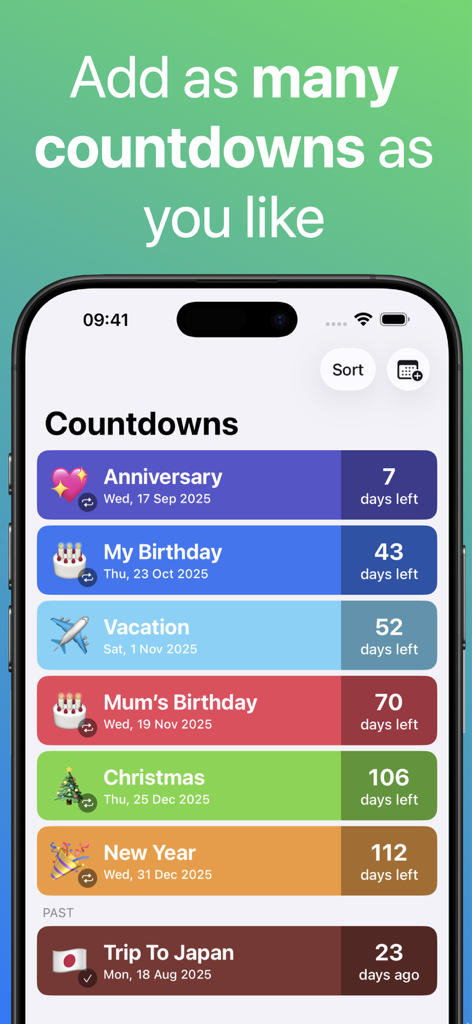 Interface showing multiple colorful countdown timers for various life events