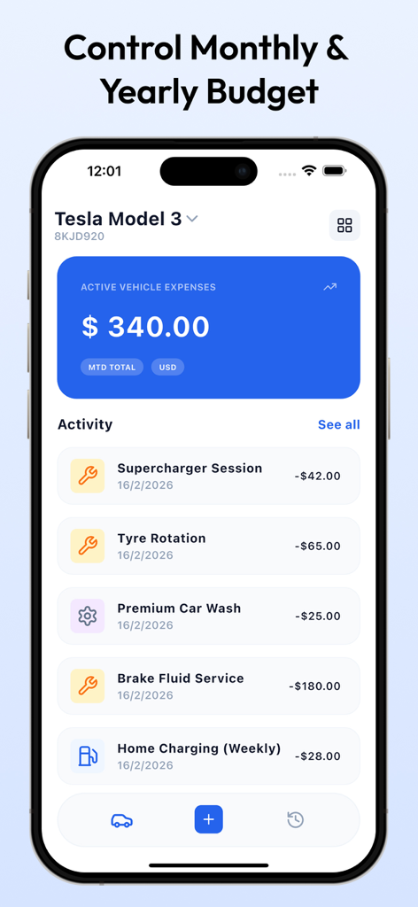 Vehicle Expense Tracker - Vehicle Expense Tracker app screen showing monthly budget and recent activity for a Tesla Model 3